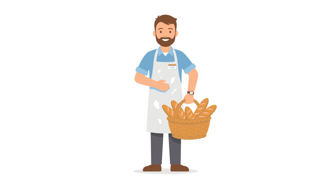 A baker holds a wicker basket filled with bread indoors.