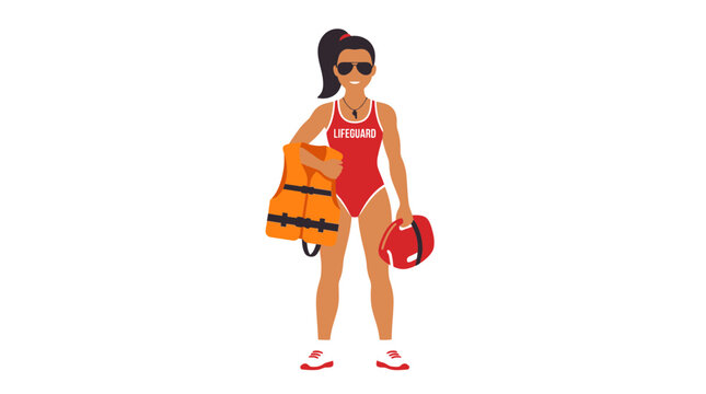 Lifeguard woman in red swimsuit holding a rescue tube and flotation device on the beach
