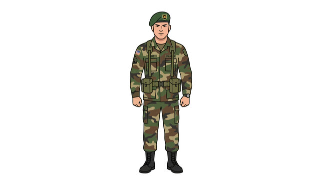 A soldier in camouflage uniform stands fully dressed in military attire outdoors.