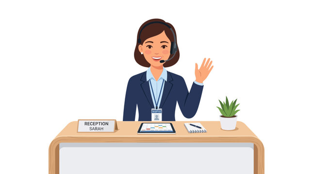 A smiling businesswoman waves at a client from behind a desk with a tablet and phone.