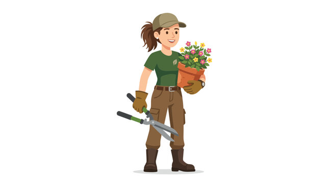 A woman holding flowers and gardening tools in a garden setting.
