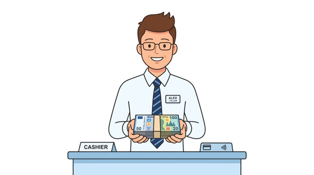 Man holding colorful bills at a cashier desk in an office
