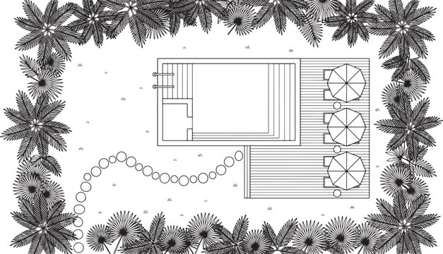 Top view architectural floor plan of a modern swimming pool area with wooden deck lounge chairs and tropical palm trees surrounding the garden