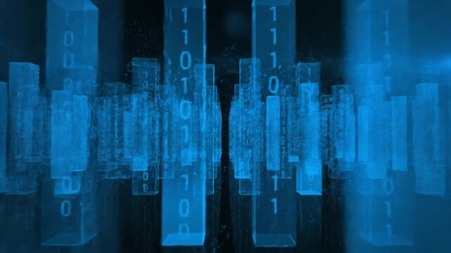 Abstract blue digital data stream with binary code and futuristic cityscape