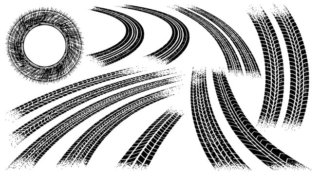 Tire tread marks after skidding, launch, drift, powerslide in motorsport, rally, off-road, motocross. Wheel texture with splash effect. Vector, JPEG version.