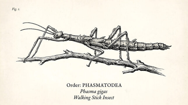 Phasmatodea, perched on a branch.