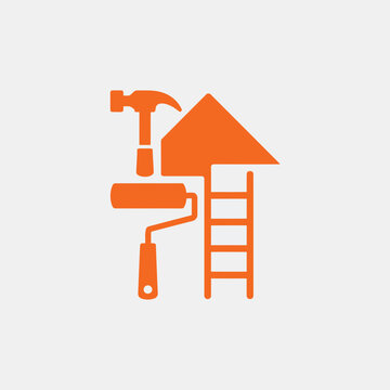 Orange home renovation with hammer paint roller and ladder