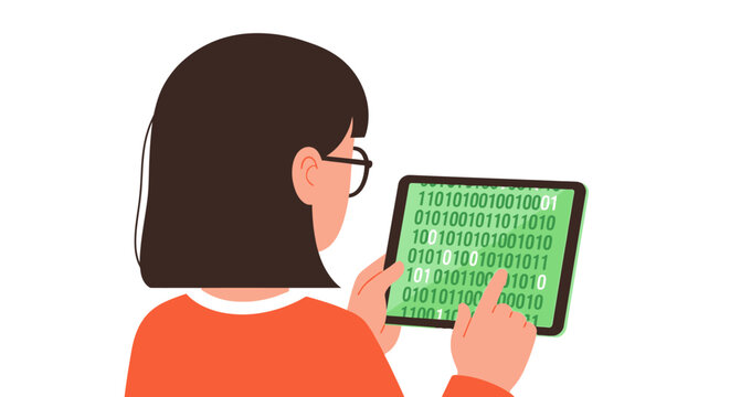 Vector Illustration of a Young Woman Programmer Studying Binary Code on a Tablet