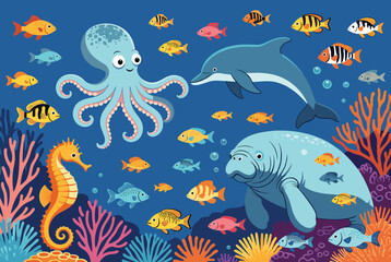 Fototapeta premium Colorful ocean world illustration with marine animals including octopus, dolphin, manatee, seahorse, and diverse small fish.