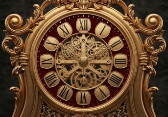 Obraz premium Ornate Antique Golden Skeleton Clock with Visible Gears and Roman Numerals on Red Background