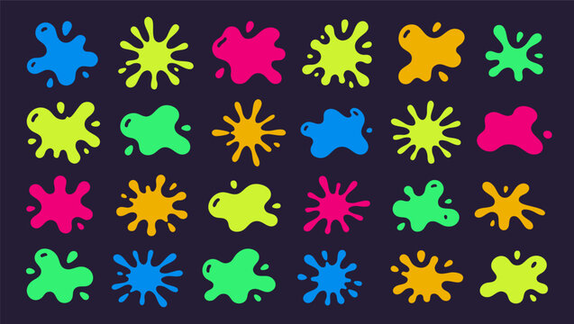 Bright colorful paint splashes set on dark background. Neon liquid blobs and ink splatter shapes in playful cartoon style for posters, stickers, banners and modern creative design.