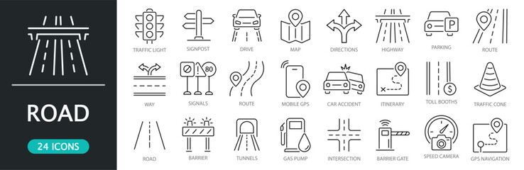 Road and traffic thin line icon set. Editable Stroke. Transportation and roadway symbols for navigation and driving concepts. Highway, route, traffic light, parking, intersection, tunnel, GPS, toll © Carpe Diem