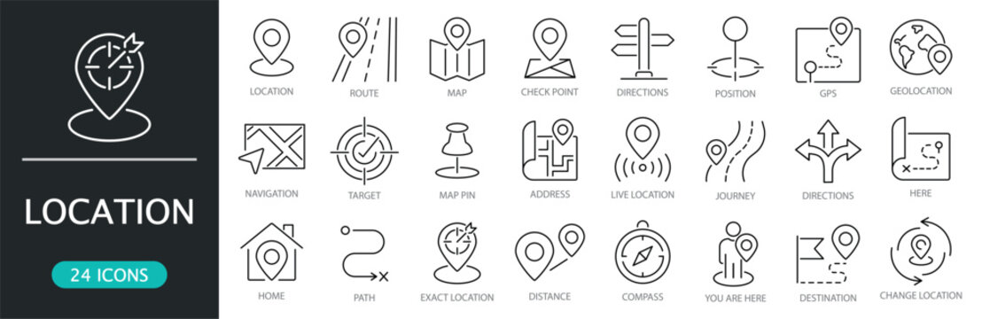 Location thin line icon set. Editable Stroke. Map and geolocation symbols for navigation and positioning concepts. Location, GPS, route, destination, compass, address, map pin, journey, direction