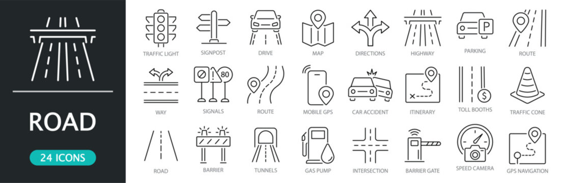 Road and traffic thin line icon set. Editable Stroke. Transportation and roadway symbols for navigation and driving concepts. Highway, route, traffic light, parking, intersection, tunnel, GPS, toll