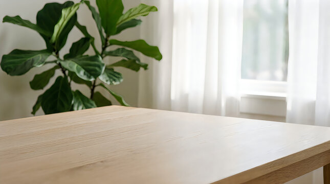 Empty wooden table top with a fiddle leaf fig plant by a window