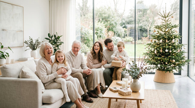family gather on sofa in living room
