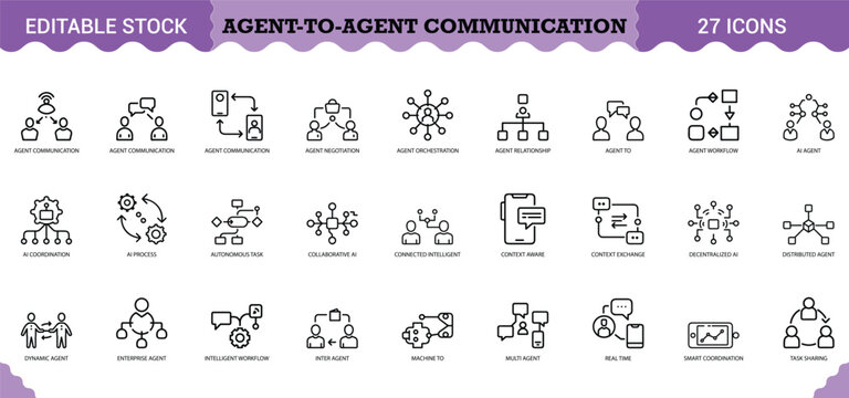 PrintAgent-to-Agent Communication Icon Set - 27 Editable Vector Icons for Multi-Agent Systems & AI Collaboration. Features agent negotiation, orchestration, workflow, autonomous tasks, decentralized A