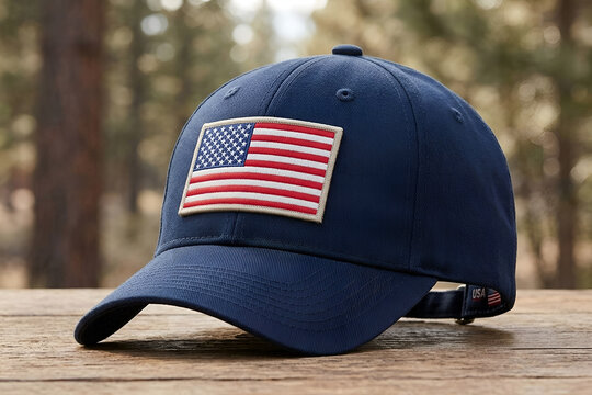 Dark Blue Cap With American Flag Patch On Outdoor Wooden Surface