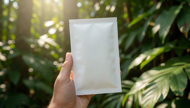 Hands Holding Blank White Sachet Packet Mockup with Green Leaves Background