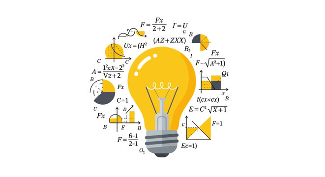 Innovation and Scientific Discovery Concept with Light Bulb Surrounded by Mathematical Formulas, Physics Equations, and Data Graphs on White Background