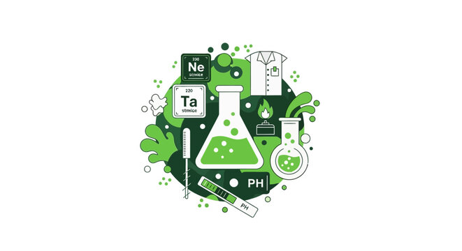 Science and Chemistry Laboratory Concept Illustration with Erlenmeyer Flasks, Lab Coat, pH Strips, and Periodic Table Elements in Green Flat Design