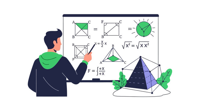 Student or teacher solving complex math and geometry problems on a whiteboard, flat vector illustration of education and STEM learning concept