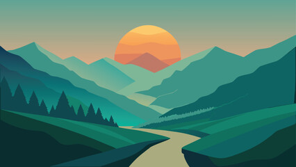Mountain valley landscape with winding river during sunset with evergreen trees Vector Illustration © CreativeKamrul