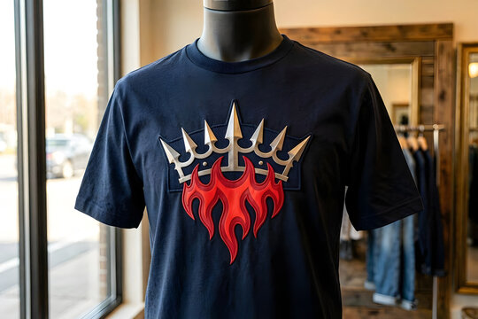 Mannequin Displaying Dark TShirt With Flame And Trident Graphic Design