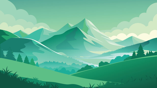 Serene mountain landscape during dawn with rolling hills and atmospheric clouds in a flat vector style