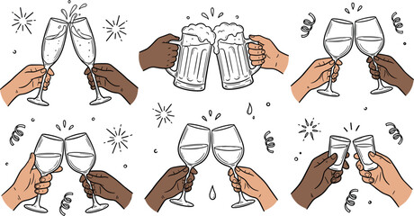 Obraz premium Hand drawn vector illustration set of diverse hands clinking glasses of champagne, beer, wine, and shots celebrating a festive holiday party event.