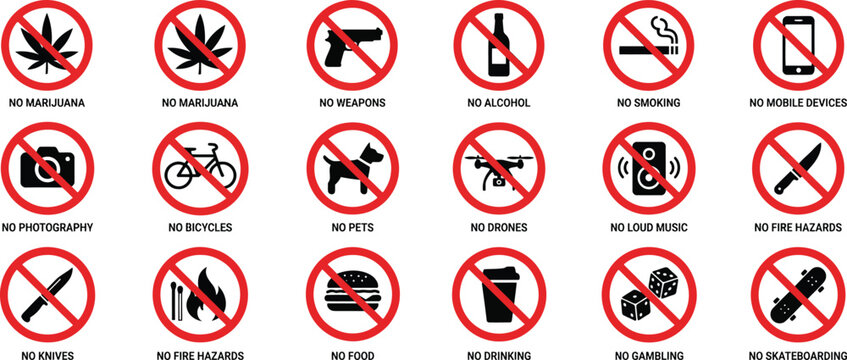  Set of Prohibition Safety Signs No Marijuana Weapons Alcohol Rules Vector Icon Collection