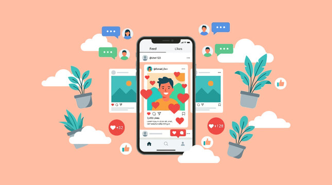 A person interacts with a mobile phone surrounded by social media icons, plants, and clouds in a digital illustration.
