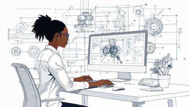 Female engineer working computer creating technical design blueprint