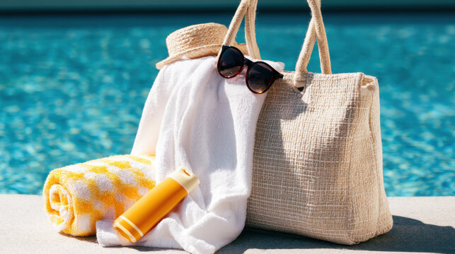 A bag sits by a poolside with a towel, sunblock, sunglasses, and a straw hat. The sun shines bright and the pool water glistens. This setting is ideal for relaxing