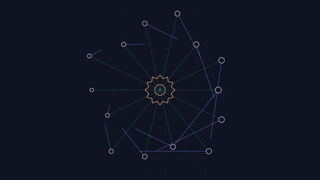 Abstract digital network connection animation, rotating geometric nodes and lines, tech data flow background
