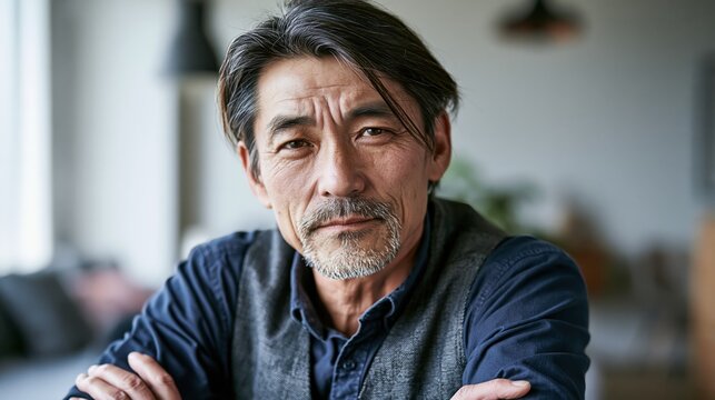 Invisible illness workplace middle aged East Asian slim man calm