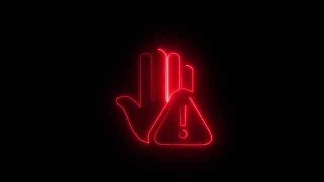 Neon Prohibition Warning Sign Animation with Raised Hand and Triangle Alert Icon on Black Background