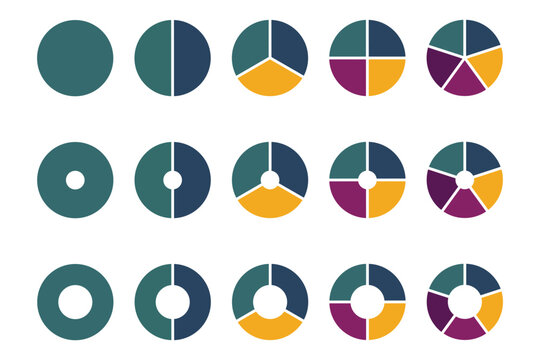 Pie chart icons. Segment slice sign. Circle section graph. Colorful pie charts with varying segments. Circle chart, circle sections and round donuts chart pieces. Infographic element round shape