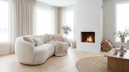 Fototapeta premium Cozy living room interior with fireplace and sofa, Scandinavian Hygge style