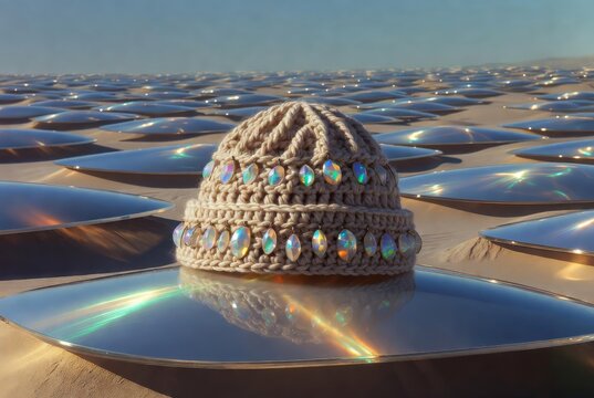 Cappello in lana lavorato all'uncinetto con gemme iridescenti in un deserto surreale