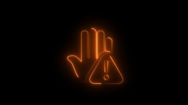 Neon Prohibition Warning Sign Animation with Raised Hand and Triangle Alert Icon on Black Background