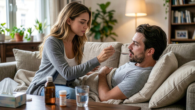 affectionate wife giving medicine to her husband