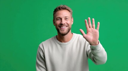 Fototapeta premium Smiling Man Waving Hello: A handsome man with a friendly smile and beard waves hello with an open palm against a vibrant green background, conveying warmth and approachability.