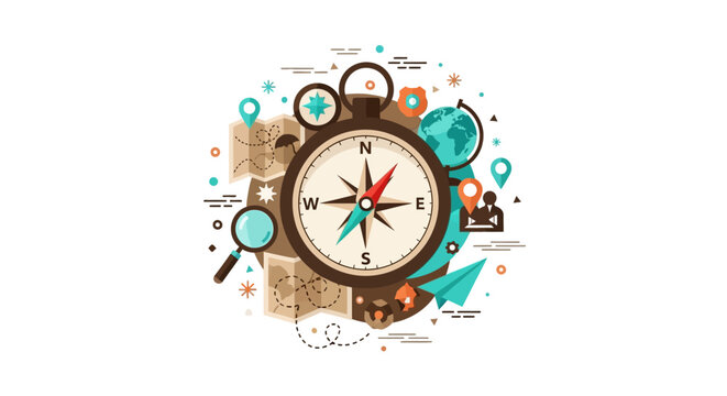 Adventure Travel and Navigation Vector Illustration with Compass Globe and Map Elements for Global Exploration Concepts
