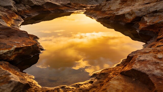 Golden Sunset Sky Reflection in Rocky Tide Pool