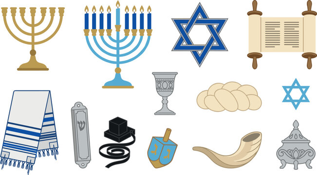 Jewish religion and Hanukkah tradition icon set with menorah, Star of David, Torah scroll and ceremonial symbols in flat vector style