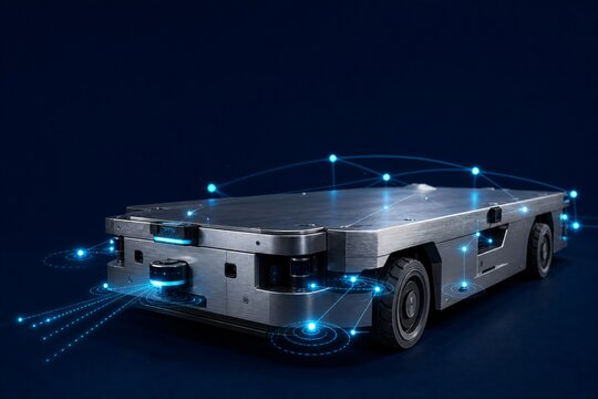 Autonomous Yard Truck with Glowing Blue Sensor Network at Smart Port on Dark Background Ideal for Logistics Automation and Smart Mobility