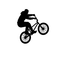 Naklejka premium Black Silhouette of a Cyclist Performing a Wheelie Stunt on a Bicycle, Isolated on White Background, Minimalist Sport Icon
