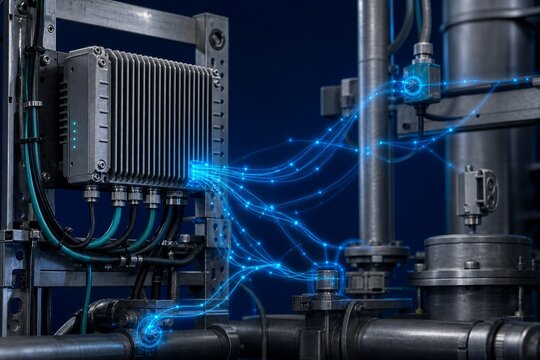 Rugged Industrial Edge Computer with Cables and Glowing Blue Data Lines on Dark Background Ideal for Industrial IoT and Edge Connectivity