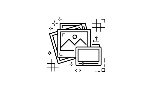 Digital asset management icon set photos video cloud upload and coding